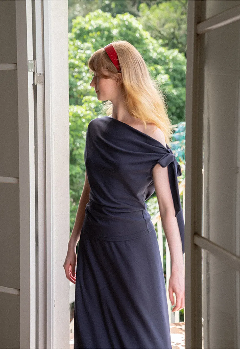 Asymmetrical One Shoulder Top and Flowing Midi Skirt