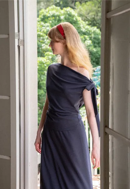 Asymmetrical One Shoulder Top and Flowing Midi Skirt