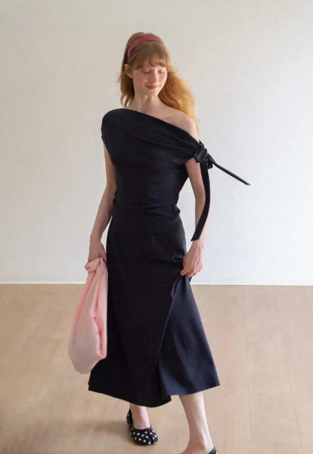 Asymmetrical One Shoulder Top and Flowing Midi Skirt