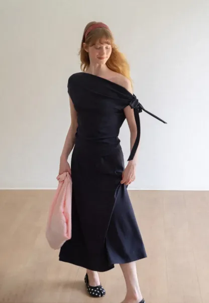 Asymmetrical One Shoulder Top and Flowing Midi Skirt