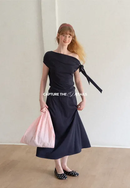 Asymmetrical One Shoulder Top and Flowing Midi Skirt