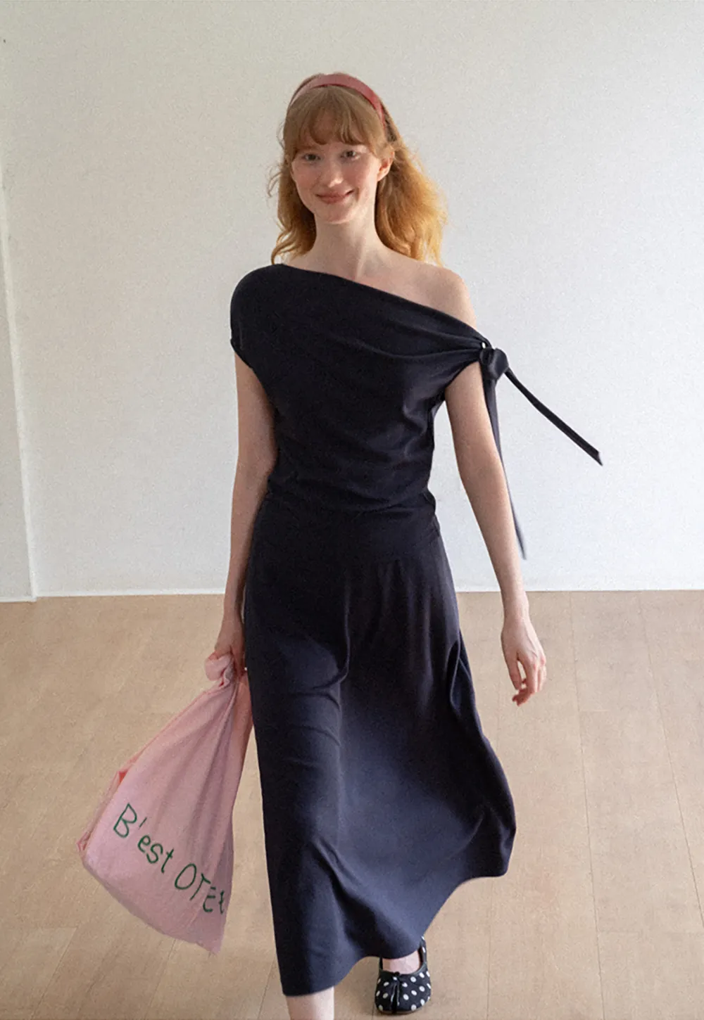 Asymmetrical One Shoulder Top and Flowing Midi Skirt