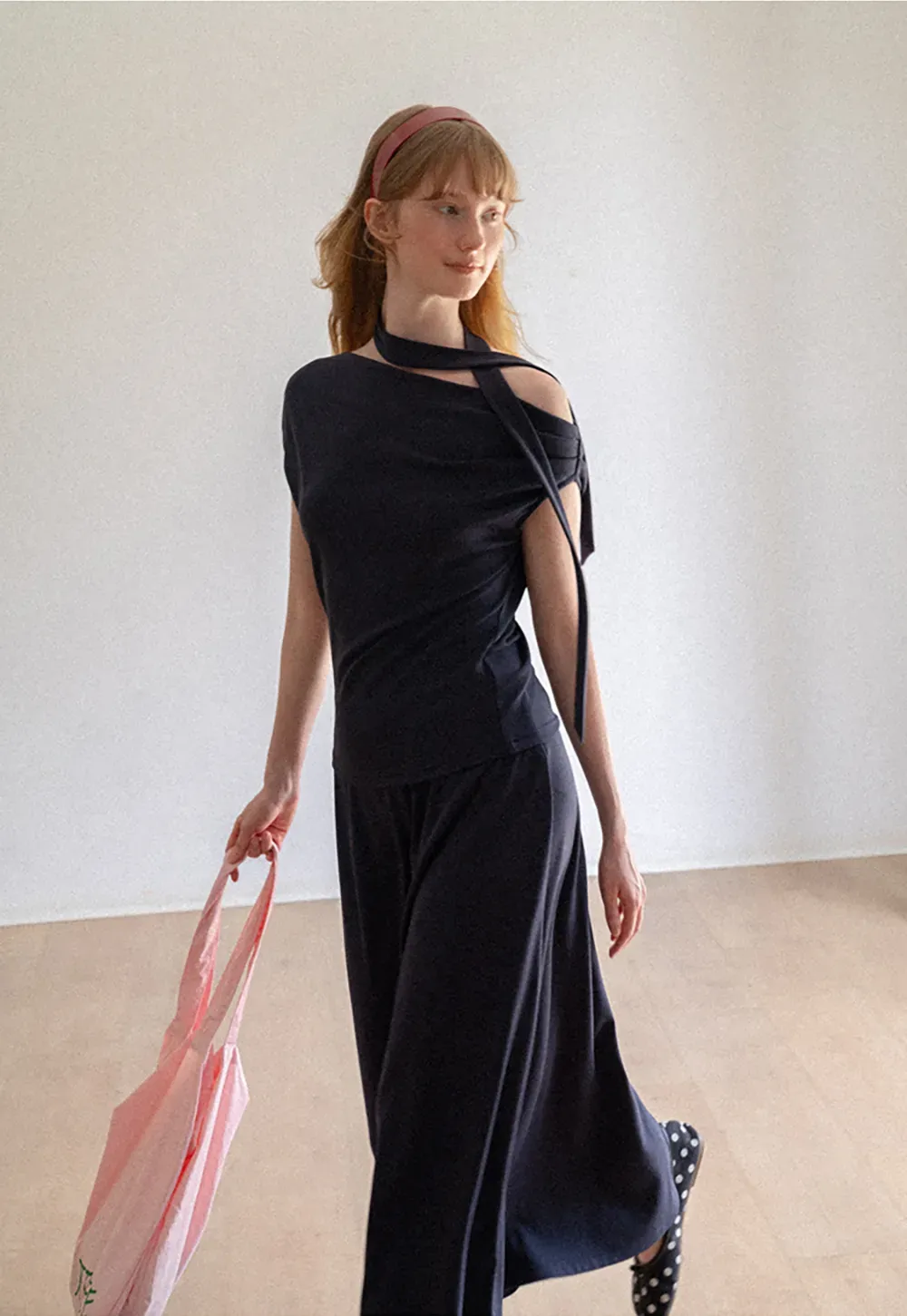 Asymmetrical One Shoulder Top and Flowing Midi Skirt