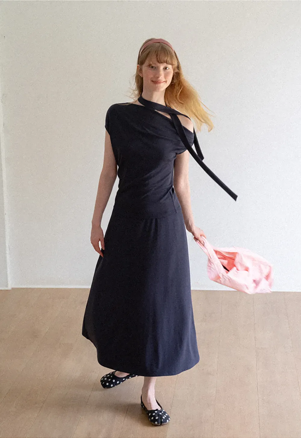 Asymmetrical One Shoulder Top and Flowing Midi Skirt