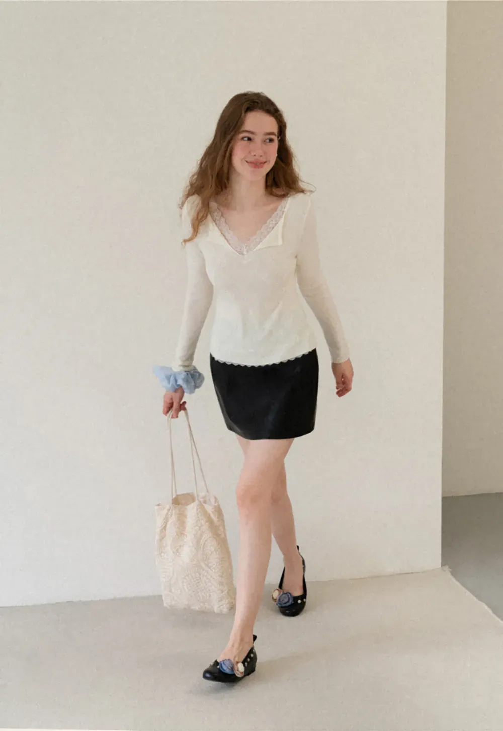 Lace Trim High Waist Faux Leather Mini Skirt
