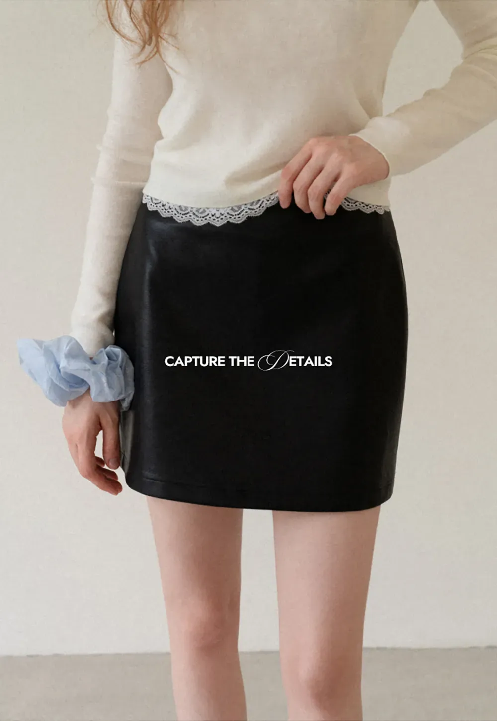 Lace Trim High Waist Faux Leather Mini Skirt
