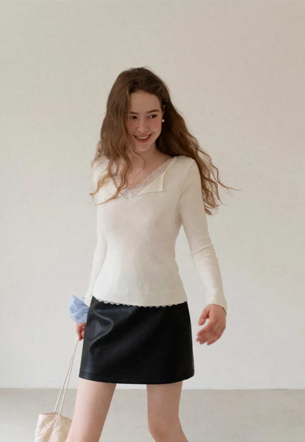 Lace Trim High Waist Faux Leather Mini Skirt