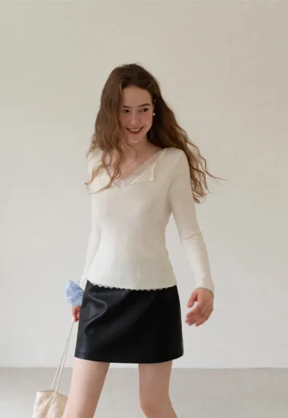 Lace Trim High Waist Faux Leather Mini Skirt