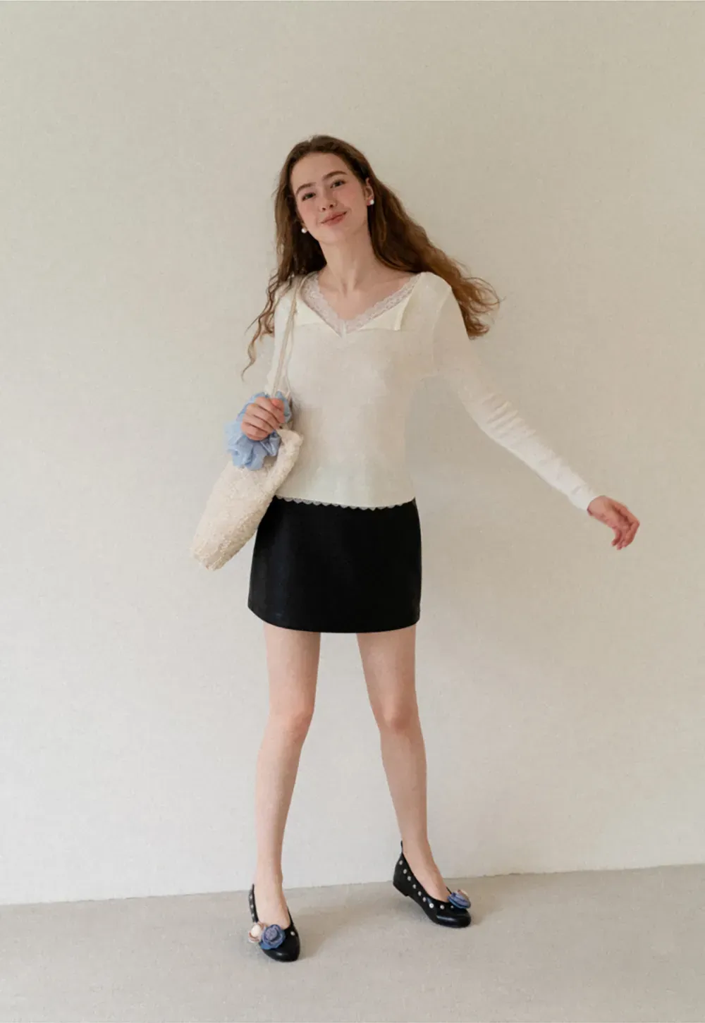 Lace Trim High Waist Faux Leather Mini Skirt