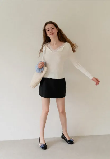 Lace Trim High Waist Faux Leather Mini Skirt