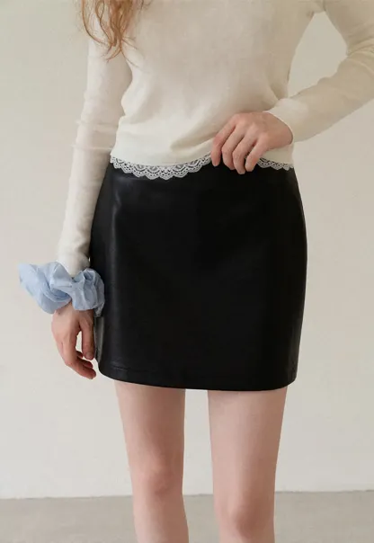 Lace Trim High Waist Faux Leather Mini Skirt
