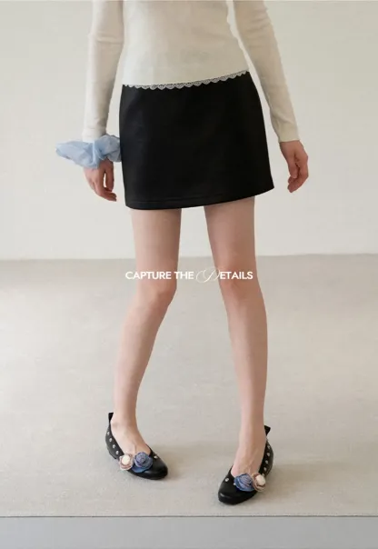 Lace Trim High Waist Faux Leather Mini Skirt