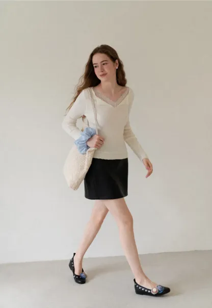 Lace Trim High Waist Faux Leather Mini Skirt