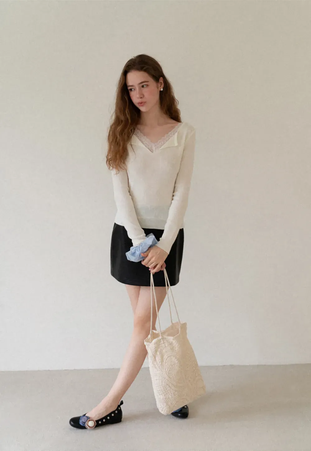 Lace Trim High Waist Faux Leather Mini Skirt