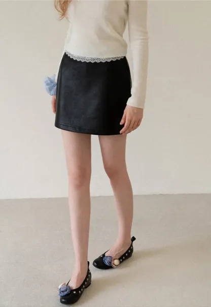 Lace Trim High Waist Faux Leather Mini Skirt