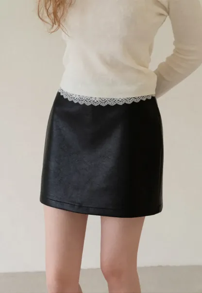 Lace Trim High Waist Faux Leather Mini Skirt