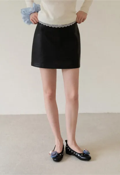 Lace Trim High Waist Faux Leather Mini Skirt