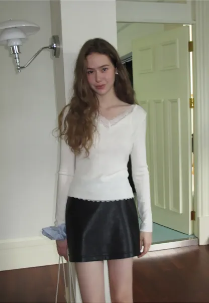 Lace Trim High Waist Faux Leather Mini Skirt