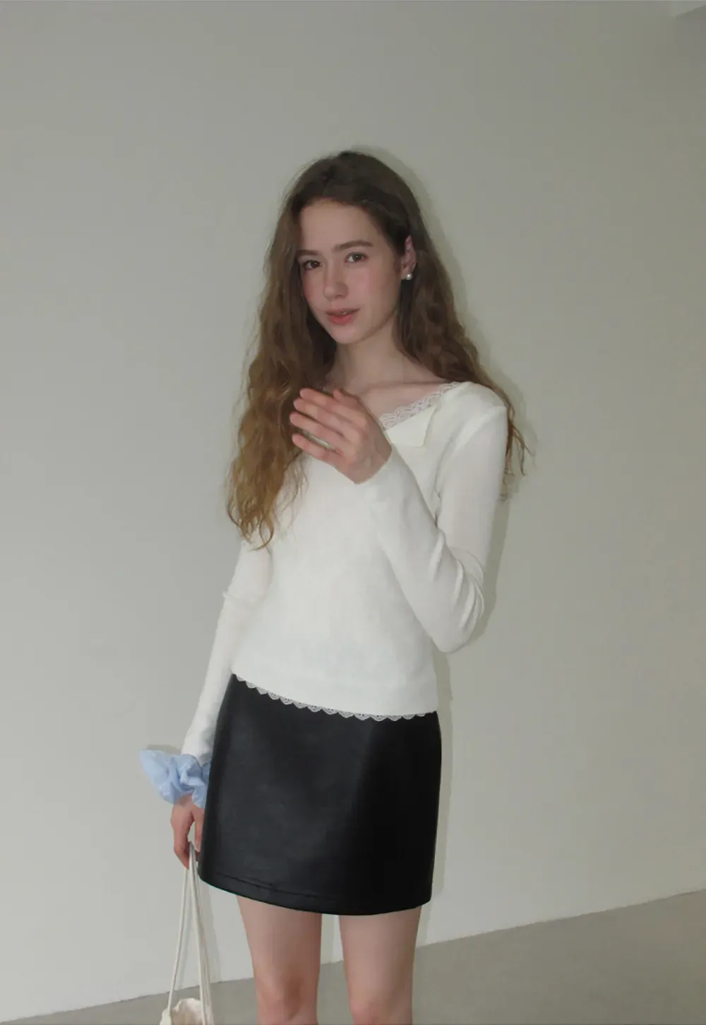 Lace Trim High Waist Faux Leather Mini Skirt