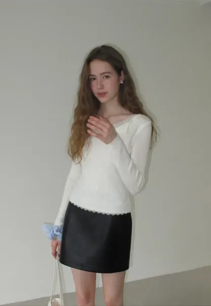 Lace Trim High Waist Faux Leather Mini Skirt