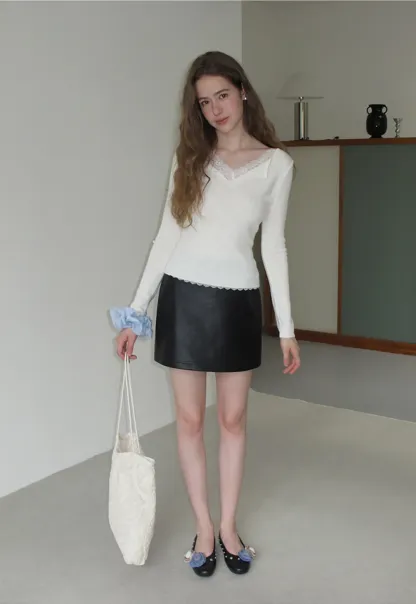 Lace Trim High Waist Faux Leather Mini Skirt