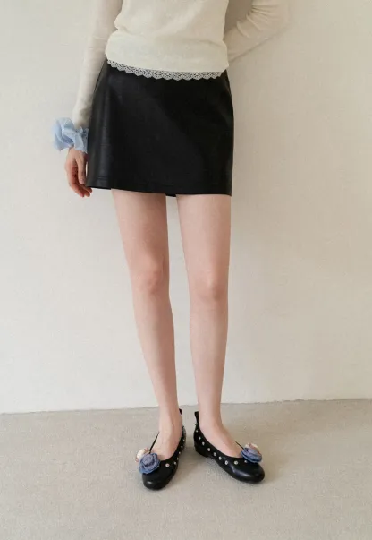 Lace Trim High Waist Faux Leather Mini Skirt