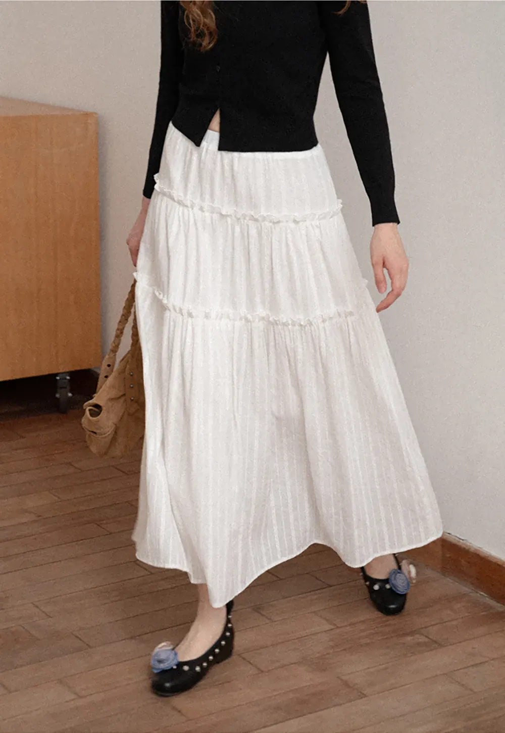 Tiered Pleated Midi Skirt