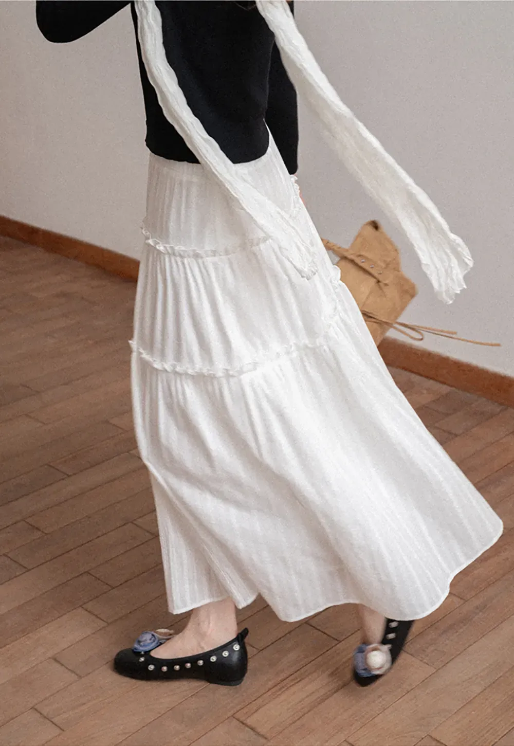 Tiered Pleated Midi Skirt