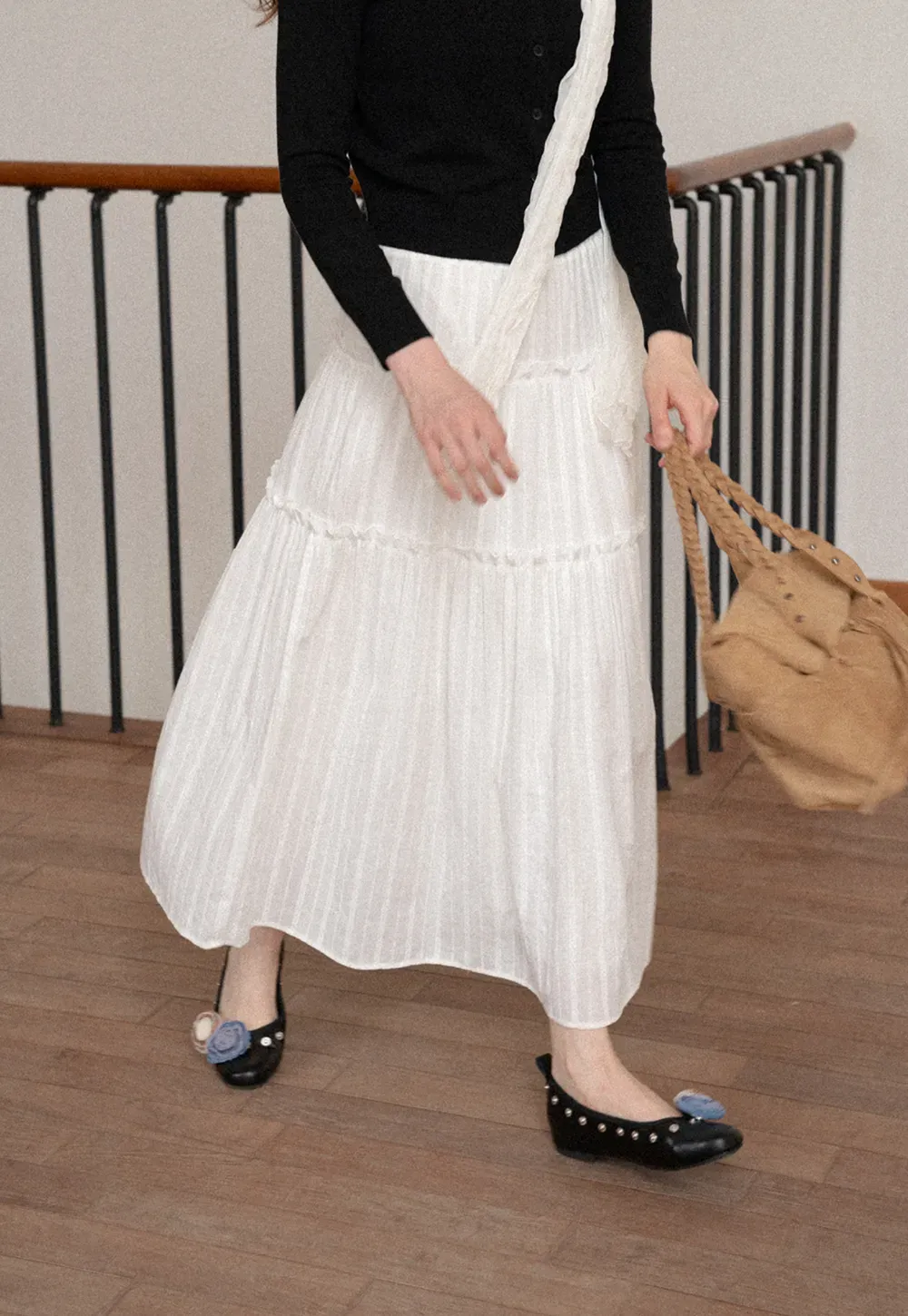 Tiered Pleated Midi Skirt