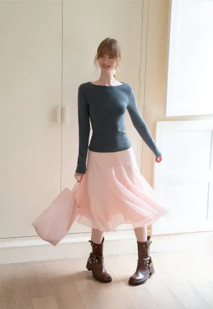 Flared Pleated Midi Skirt