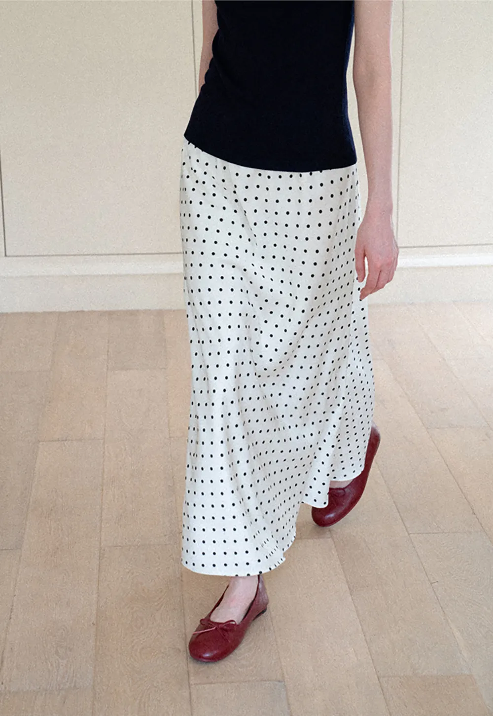 Polka Dot Print Flared Midi Skirt