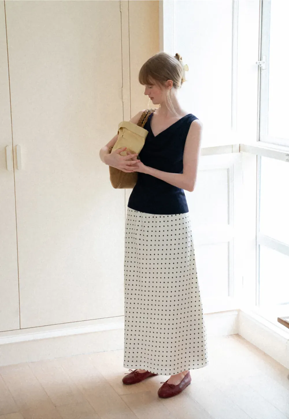 Polka Dot Print Flared Midi Skirt