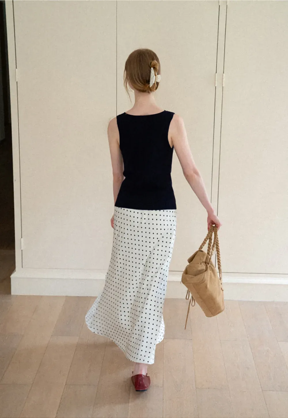 Polka Dot Print Flared Midi Skirt