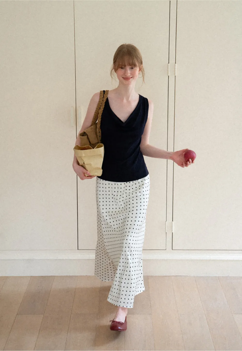 Polka Dot Print Flared Midi Skirt