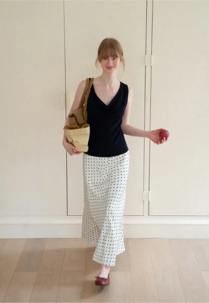 Polka Dot Print Flared Midi Skirt
