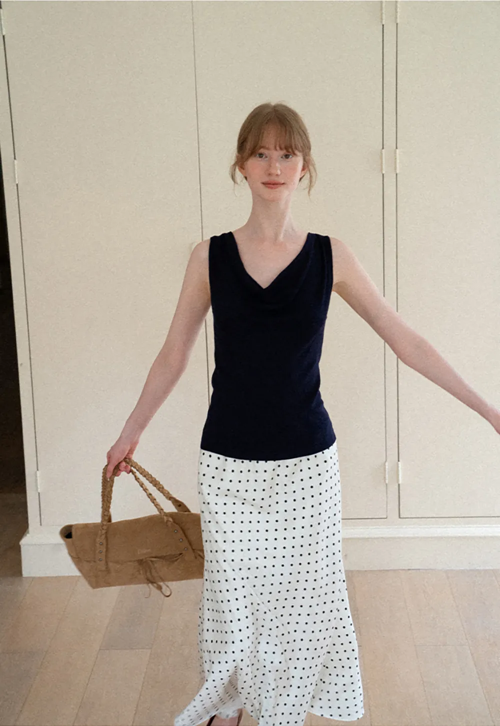 Polka Dot Print Flared Midi Skirt