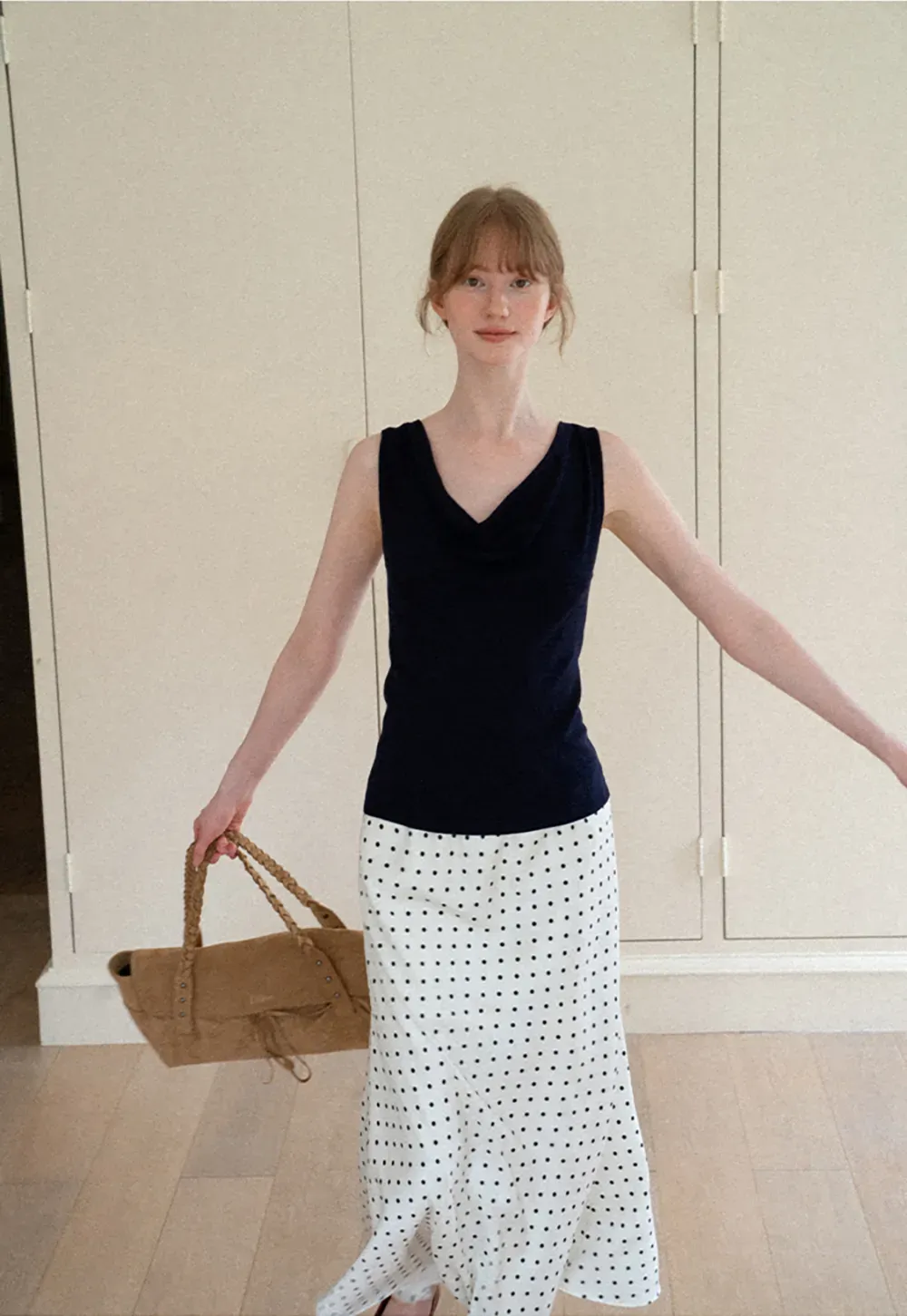 Polka Dot Print Flared Midi Skirt