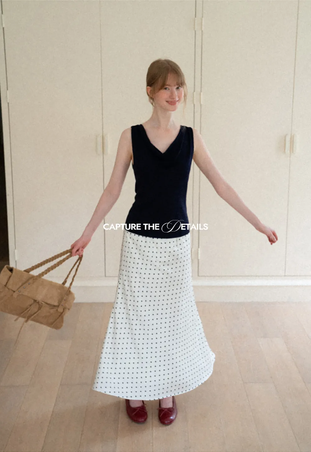 Polka Dot Print Flared Midi Skirt