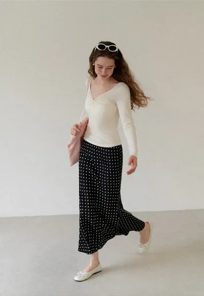 Polka Dot Print Flared Midi Skirt