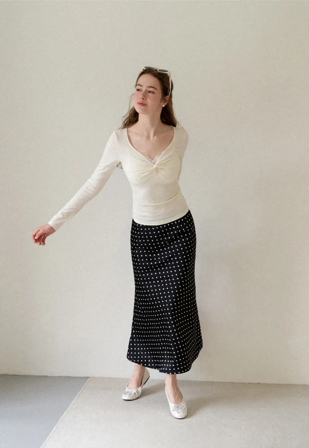 Polka Dot Print Flared Midi Skirt