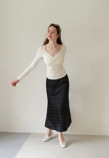 Polka Dot Print Flared Midi Skirt