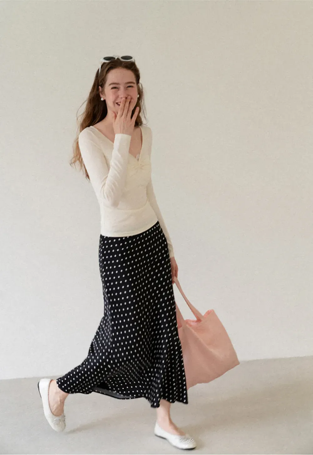 Polka Dot Print Flared Midi Skirt
