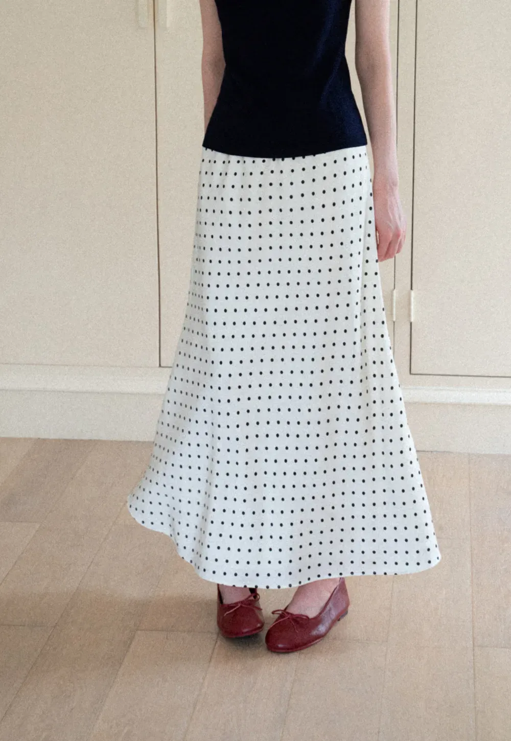 Polka Dot Print Flared Midi Skirt