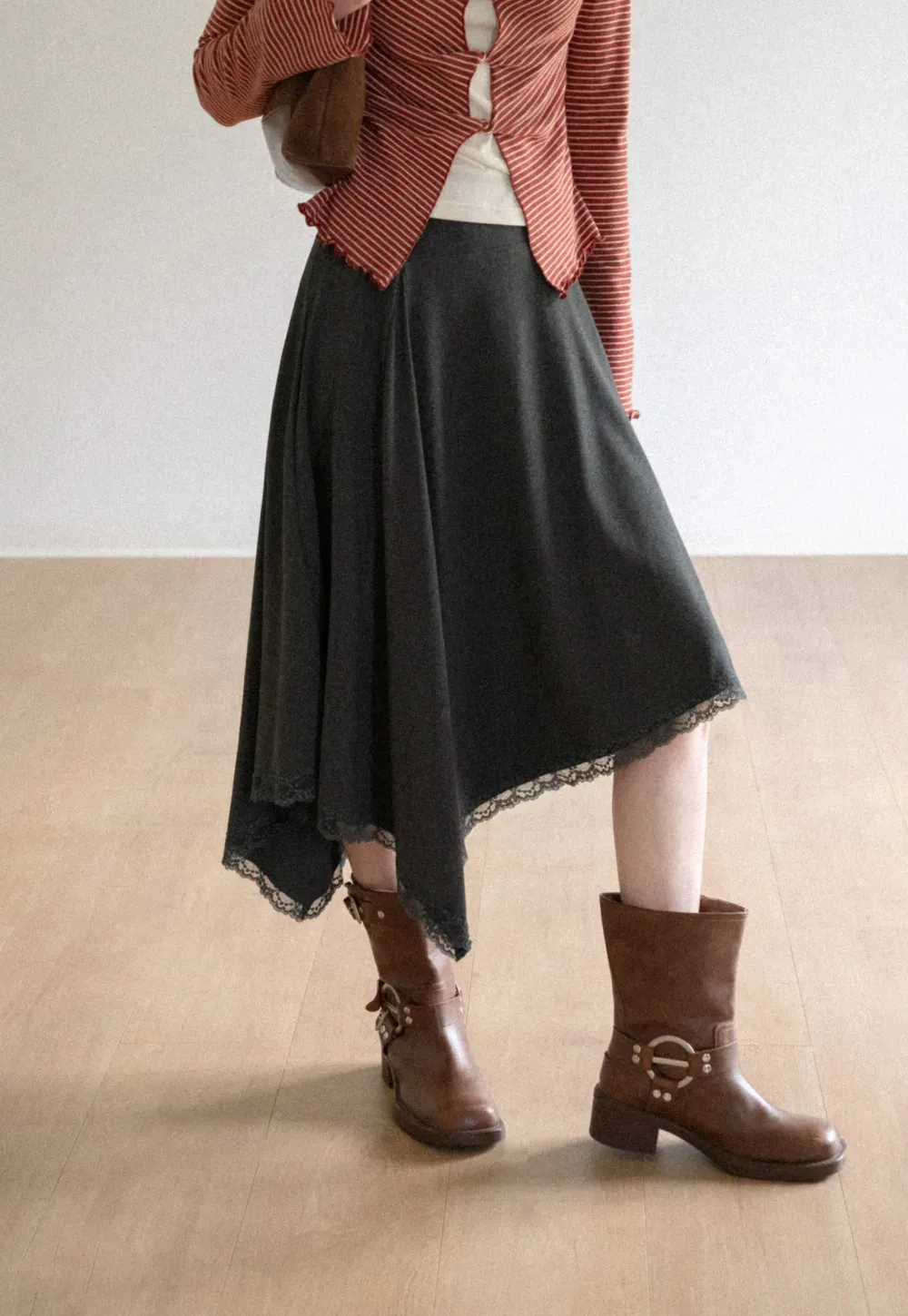 Asymmetrical Hem Lace Trim Skirt