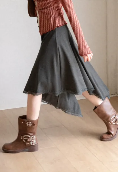 Asymmetrical Hem Lace Trim Skirt
