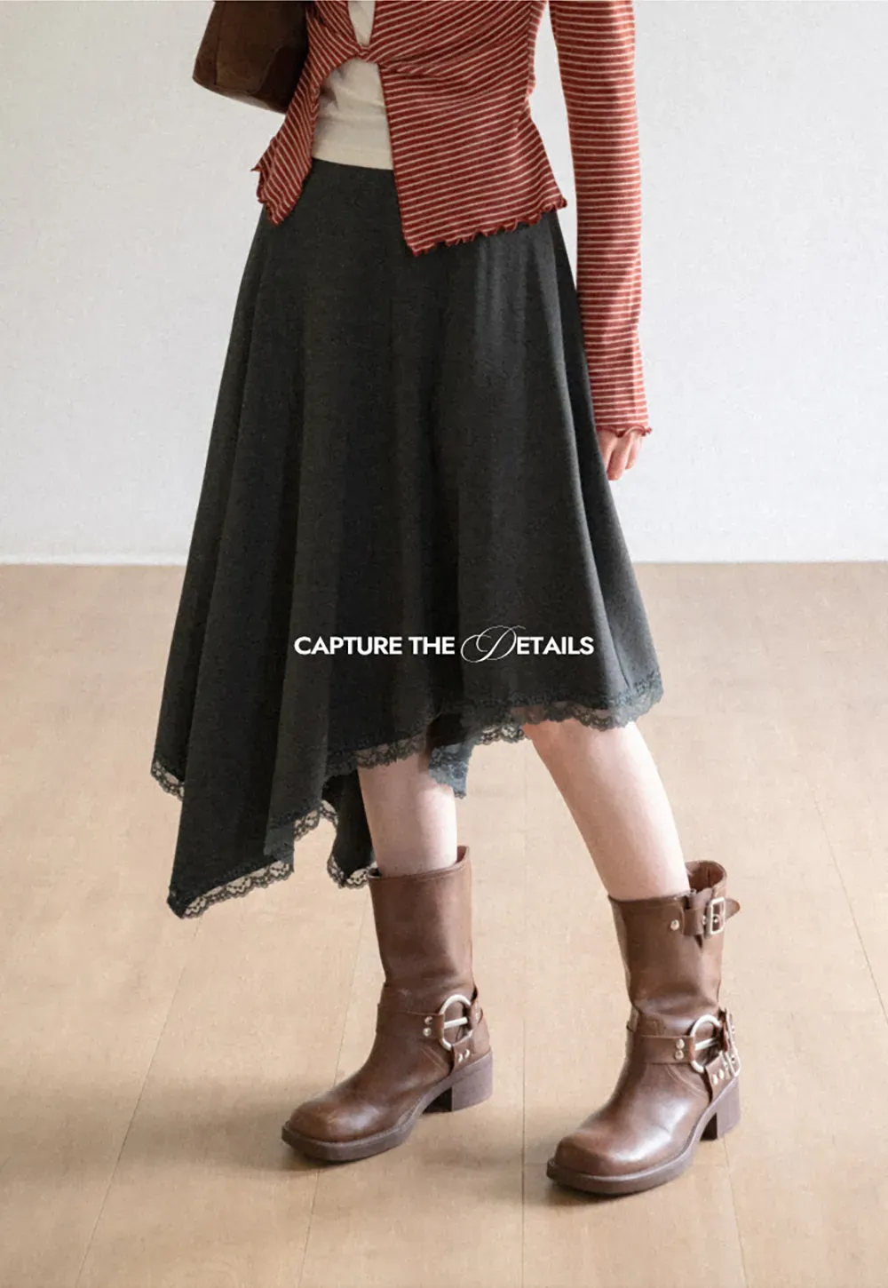 Asymmetrical Hem Lace Trim Skirt