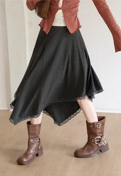 Asymmetrical Hem Lace Trim Skirt
