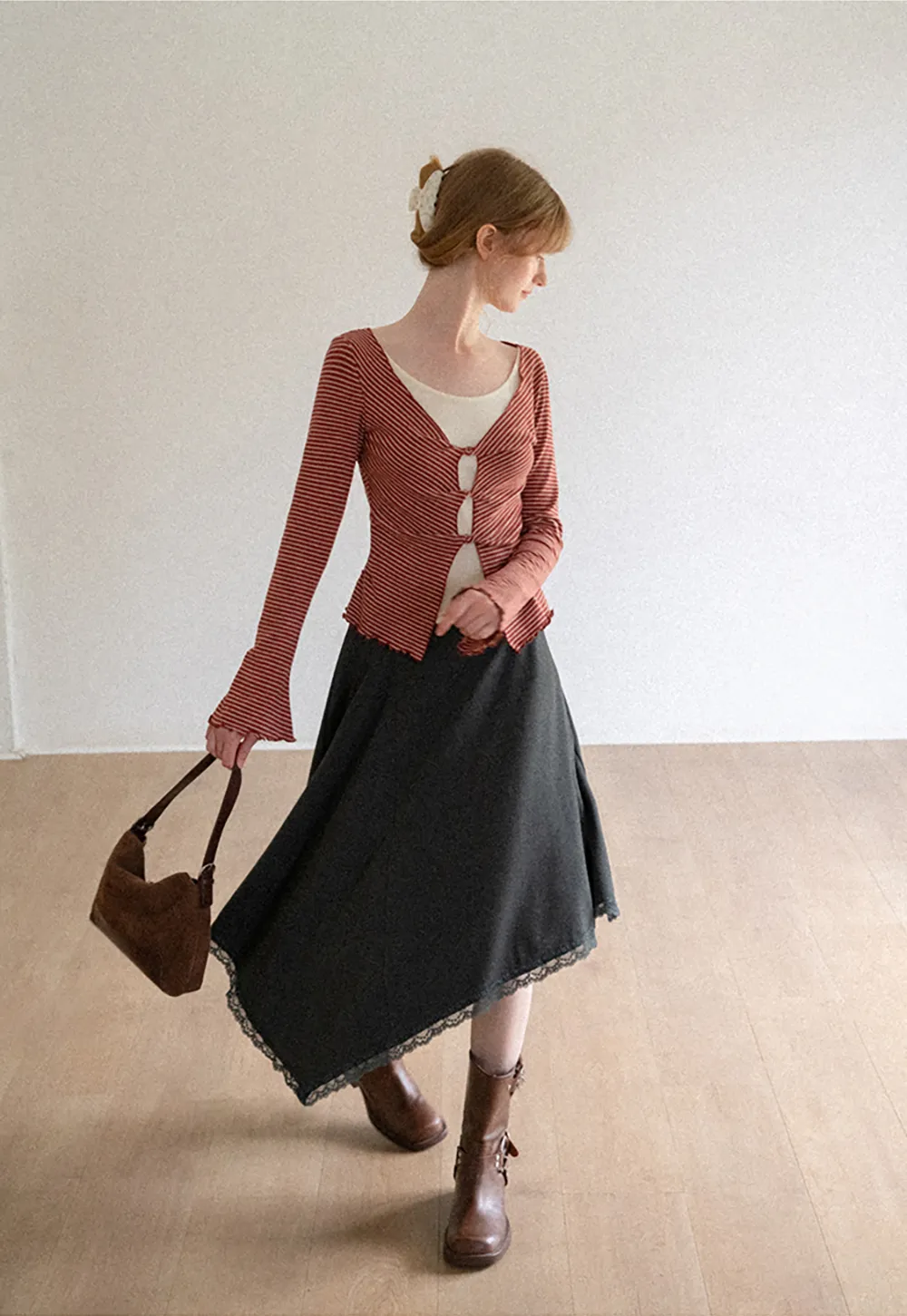 Asymmetrical Hem Lace Trim Skirt