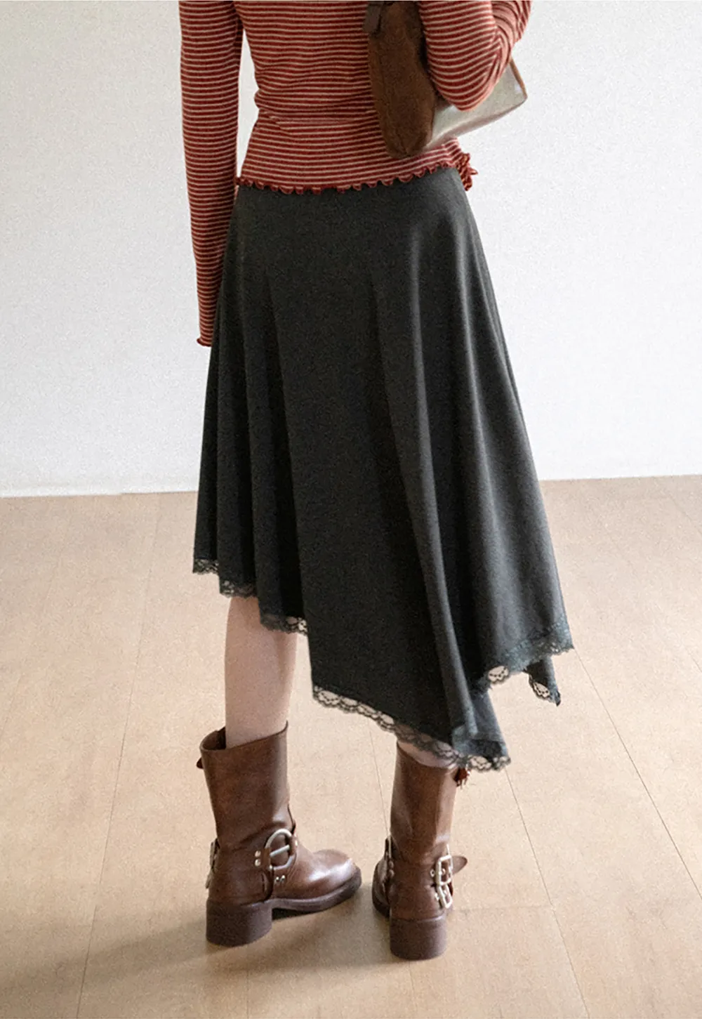 Asymmetrical Hem Lace Trim Skirt