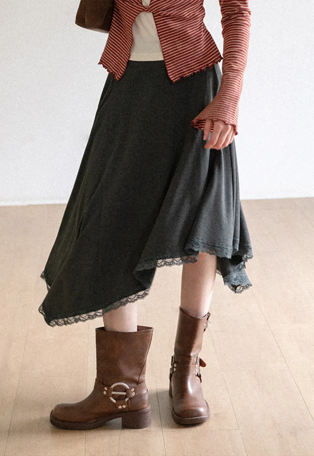 Asymmetrical Hem Lace Trim Skirt